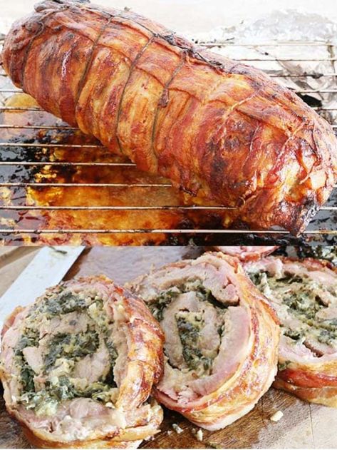 Tenderloin Wrapped In Bacon, Bacon Wrapped Pork Tenderloin Recipes, Pork Loin Recipes Oven, Pork Tenderloin Stuffed, Pork Roulade, Grilled Pork Tenderloin Recipes, Bacon Wrapped Pork Loin, Wrapped Pork Tenderloin, Spinach Filling