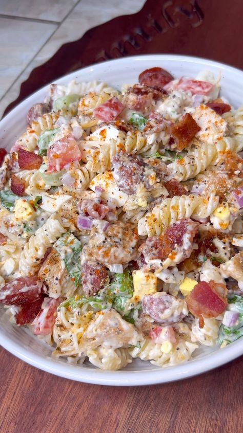 Desha Jordan | Chicken Cobb Pasta Salad! Inspired by: @chefbae_ #tasty #pasta #reels #instagood #delicious #bigback #food #foodie #reelsinstagram #explore… | Instagram Pasta Cobb Salad, Cobb Pasta Salad, Chicken Cobb Pasta Salad, Rotisserie Chicken Cobb Salad, Healthy Chicken Cobb Salad, Bbq Chicken Cobb Salad, Veggie Sides, Cobb Salad, Pasta Salad