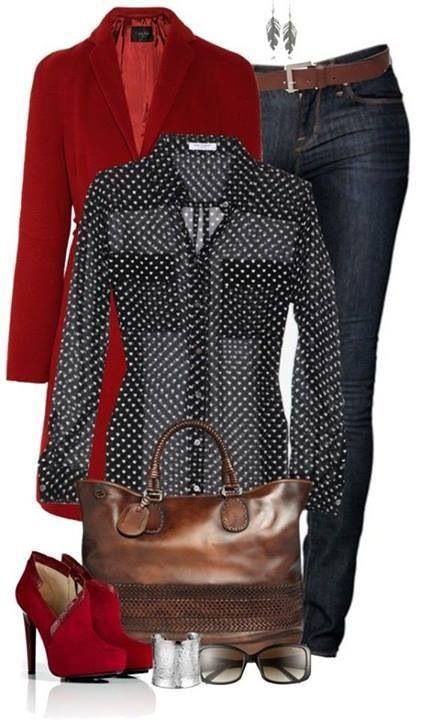 Fall style Dot Shirt, Stitch Fix Stylist, Polka Dot Shirt, Work Attire, Red Jacket, Casual Outfit, Look Fashion, Autumn Winter Fashion, Work Outfit