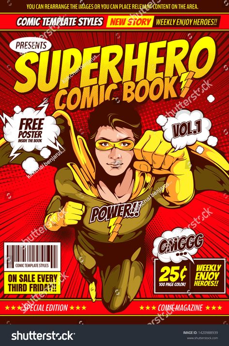 Superhero comic cover template background, flyer brochure speech bubbles, doodle art, Vector illustration, you can place relevant content on the area. #Ad , #Sponsored, #flyer#background#speech#brochure Superhero Comic Cover, Bubbles Doodle, Lanyard Ideas, Comic Template, Superhero Books, Magazine Cover Page, Comic Frame, Comic Design, Superhero Theme Party