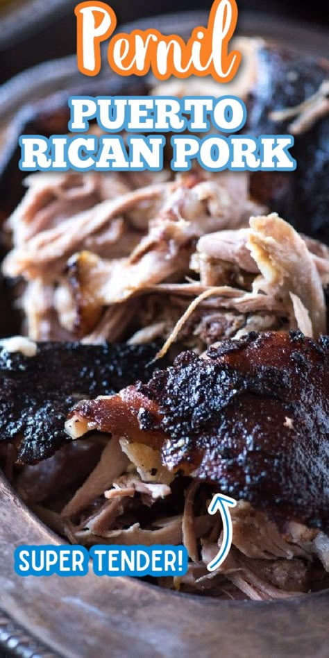 Pernil, Puerto Rican Slow Roasted Pork- tender, meltingly tender pork with amazingly crispy skin. It's delicious and so addictive! #gogogogourmet #pernil #puertoricanpork via @gogogogourmet Puerto Rican Pulled Pork Crock Pot, Slow Cooker Pernil (puerto Rican Roast Pork), Pernil Cuban Style, Puerto Rican Pork Shoulder Recipes Oven, Puerto Rican Roast Pork Shoulder, Roast Pork Pernil Puerto Rican Style, How To Make Pernil Puerto Rico, Authentic Pernil Recipe Puerto Rican, Best Pernil Recipe Puerto Rican