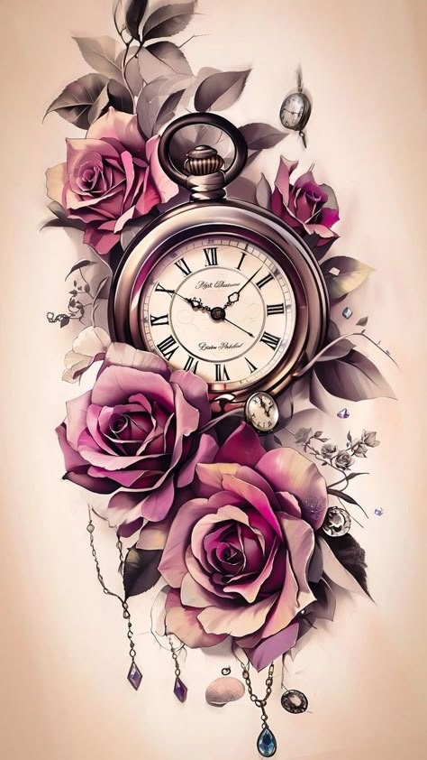 Rose Clock Tattoo Design, Rose Clock Tattoo, Old Clock Tattoo, Time Clock Tattoo, Time Piece Tattoo, Pocket Watch Tattoo Design, Clock And Rose Tattoo, Mum Poems, Nova Tattoo