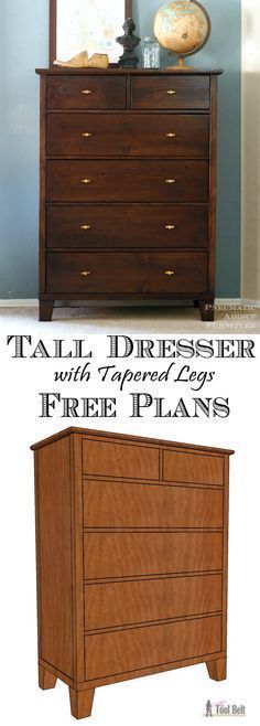 Build a gorgeous tall dresser with tapered legs for your bedroom, free woodworking plans. Dresser Woodworking Plans, Dresser Plans, Chair Woodworking Plans, Woodworking Bed, Dresser Furniture, Woodworking Furniture Plans, Diy Furniture Bedroom, Tall Dresser, Free Furniture