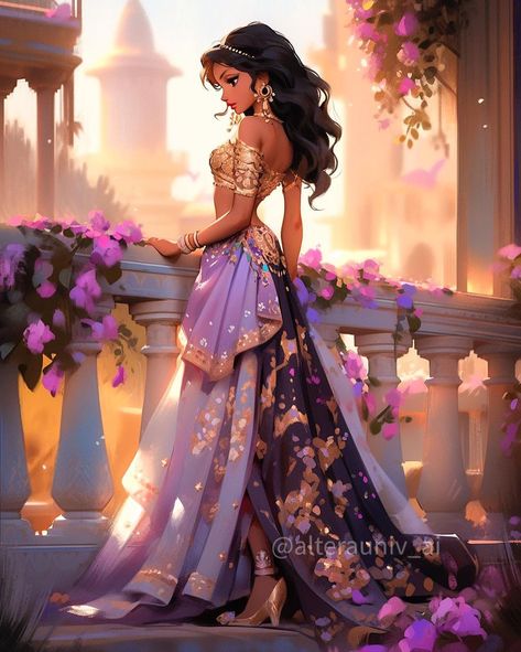 Altera | AI art on Instagram: “Jasmine’s Golden Odyssey. 💜💜💜 ⠀ This name conjures a sense of adventure, luxury, and the allure of a captivating journey through a…” Easy Digital Art Ideas, Animation Outfits, ศิลปะ Sugar Skull, Easy Digital Art, Digital Art Ideas, Water Witch, Indian Princess, Dress Illustration, Black Goddess