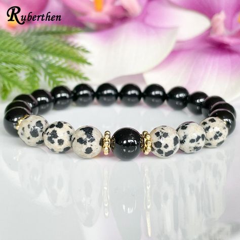 Ruberthen New Design Black Tourmaline Dalmatian Jasper Beaded Bracelet Gemstone Healing Crystals Jasper Bead Bracelet, Braided Bracelet Diy, Mala Beads Bracelet, Healing Gemstone Bracelets, Dalmatian Jasper, Beads Bracelet Design, Crystal Healing Bracelets, Natural Stone Jewelry, Beaded Bracelet Patterns