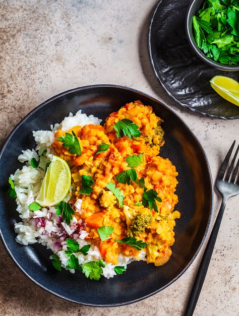 Red lentil dal and rice bowls are a lovely way to feature the tiny legume. Lentils And Quinoa, Vegan Enchiladas, Lentil Dal, Quinoa Burgers, Lentils And Rice, Dal Recipe, Red Lentil Soup, Vegan Main Dishes, Lentil Recipes