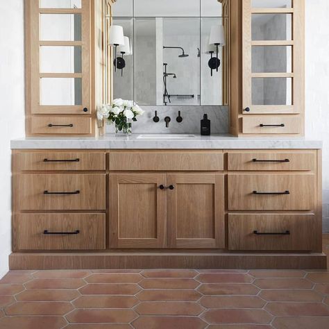 Bathroom vanity goals!! Our Terracotta Manual Naveta Miel tile featured on the floor😊. Bathroom design by @katewalker_design Photography by… Bathroom Terracotta Floor, Terracotta Bathroom Floor, Grey Wall Tiles, Joinery Design, Terracotta Floor, Bathroom Renos, Bathroom Floor, Counter Tops, Bathroom Makeover