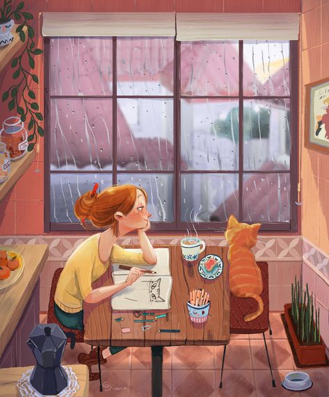 Rainy Window, Window Illustration, Looking Out The Window, Art And Illustration, Dreamy Art, Girls Cartoon Art, Girly Art, الرسومات اللطيفة, Children Illustration