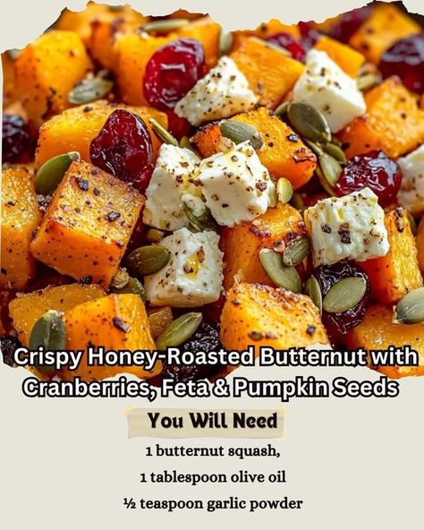 Antonia Lofaso | Crispy Honey-Roasted Butternut with Cranberries, Feta & Pumpkin Seeds 🍂🍯 | Facebook Crispy Honey Roasted Butternut, Honey Roasted Butternut Squash Cranberry, Honey Butternut Squash, Butternut Squash Feta, Fall Foods, Honey Roasted, Roasted Butternut, Roasted Butternut Squash, Drink Ideas