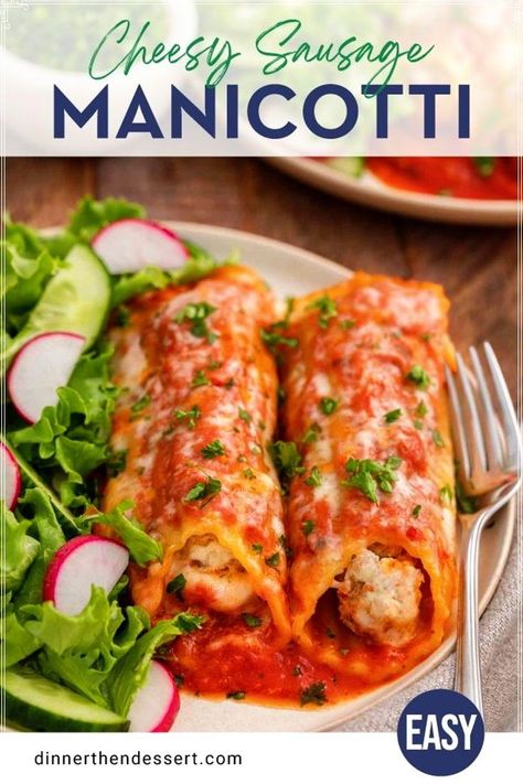 Cheesy Sausage Manicotti is stuffed with Italian pork sausage and ricotta cheese then topped with marinara sauce and melty mozzarella cheese. For this recipe, you make an easy cheese filling with Italian sausage and ricotta to go inside the large pasta. Sausage Manicotti Recipe, Sausage Manicotti, Chicken Manicotti, Budget Friendly Dinner Recipes, Stuffed Manicotti, Cheese Manicotti, Italian Pork, Homemade Sausage Rolls, Sausage Marinara