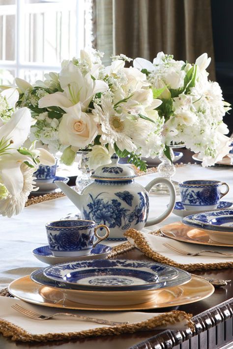 Host a blue-and-white-inspired tea. Traditional Table Setting, Victoria Magazine, Hosting Occasions, Tablescape Inspiration, Blue And White China, White China, Tea Art, Blue Willow, White Tea