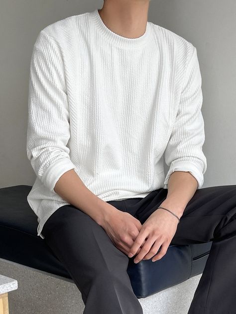 White Long Sleeves Outfit, Long Sleeve Sweater Outfit, Dressing Sense For Men, White Sweatshirt Outfit, White Long Sleeve Shirt Outfit, Sweatshirt Outfit Men, White Tees Outfit, Long Sleeve Shirt Outfits, White Sweater Outfit