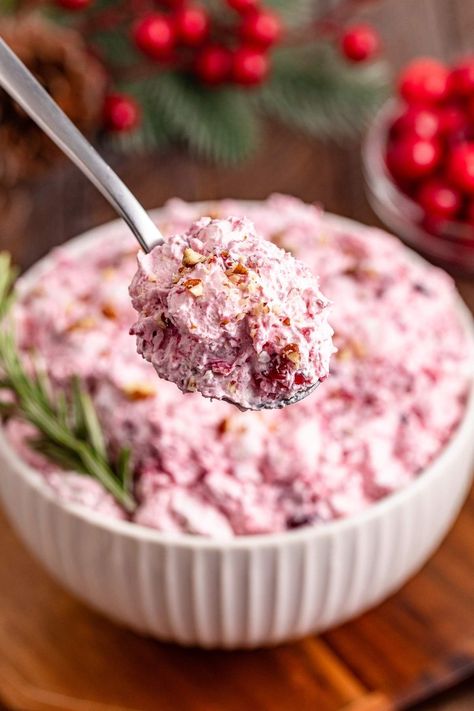 You’re going to adore this cranberry fluff recipe. It strikes a perfect harmony between sweet and tangy, making it a nice addition to your Thanksgiving or Christmas feast. This creamy salad combines fresh or frozen cranberries, crushed pineapple, mini marshmallows, and a luscious mix of cream cheese and whipped topping. Whether you present it as a side dish or a festive dessert, this vibrant and crowd-pleasing treat is incredibly easy to whip up and tastes even better when made ahead of time. Cranberry Fluff Salad Southern Living, Cranberry Frozen Dessert, Thanksgiving Fluff Salad, Cranberry Ambrosia, Cranberry Cheesecake Fluff, Cranberry Fluff Recipe, Frozen Cranberry Salad, Fresh Cranberry Salad, Cranberry Desserts