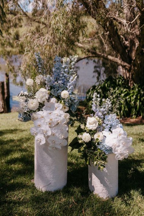 Forget Me Not Wedding, Ceremony Styling, Hire Style, Blue White Weddings, Altar Flowers, Byron Bay Weddings, Aisle Flowers, White And Blue Flowers, Wedding Altars