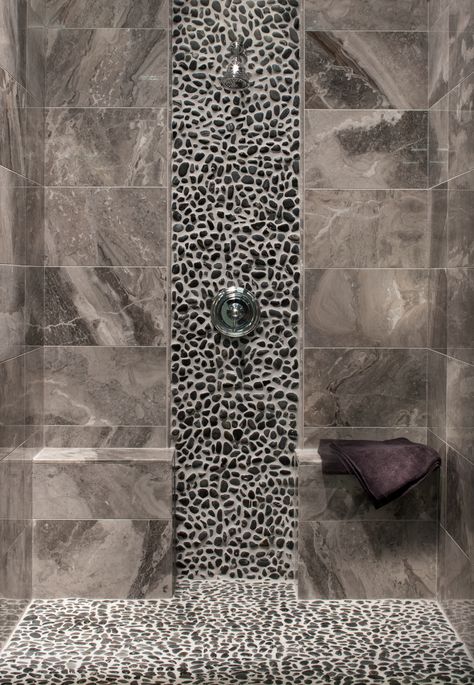 Combining materials, like pebble stones and polished marble, is a bold way to show your creative side! #thinkoutsidethebox #polishedmarble #bathroomtips #designtips Small Bathroom Shower Ideas, Bathroom Shower Ideas, Stone Tile Bathroom, Decor Small Bathroom, Stone Shower, Bathroom Shower Design, Bathroom Gallery, Sauna Design, Stone Bathroom