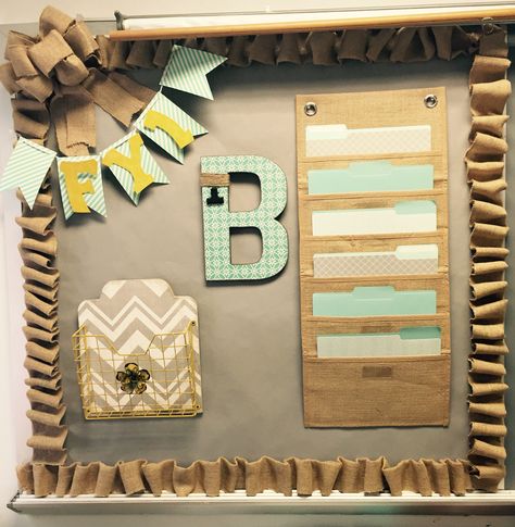 Love the way this turned out! Definitely fits perfectly with my 'shabby chic' theme in my classroom! Burlap Classroom, Shabby Chic Classroom, Bulletin Board Ideas, Classroom Bulletin Boards, New Classroom, Class Decoration, Teacher Organization, Classroom Door, Classroom Setting