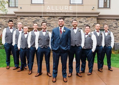 Tux For Groom, Classic Blue Suit, Groomsmen Vest, Vest And Bow Tie, Gray Vest, Groomsmen Bowtie, Look Put Together, Mens Formal Wear, Grey Vest