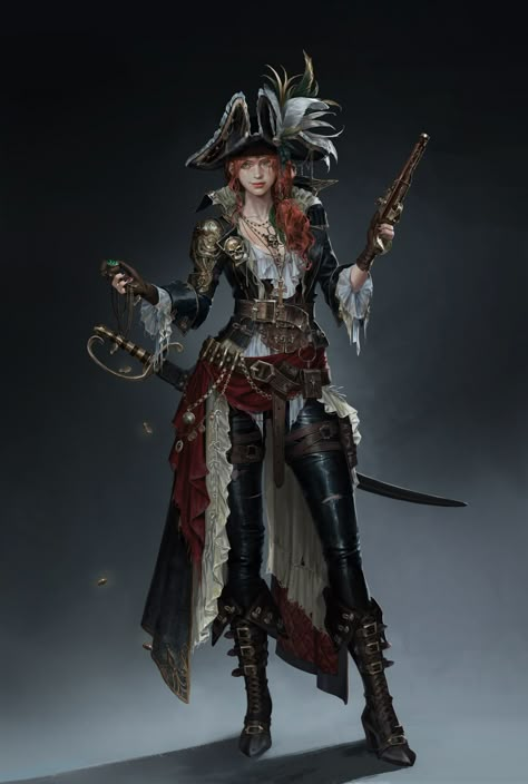 Dnd Pirate Art, Reference Poses Women, Female Gunslinger, Dnd Bosses, Pirate Attire, Pirate Reference, Ulzzang Reference, Pirates Art, Character Themes