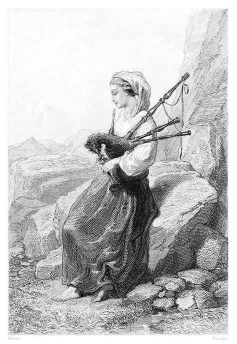 A barefoot woman in country dress and wearing a loose headscarf is sitting on a rock playing the bagpipe French Ancestry, Country Dress, Canada History, Jeanne D'arc, Family Research, O Canada, Canadian History, Joan Of Arc, Bagpipes