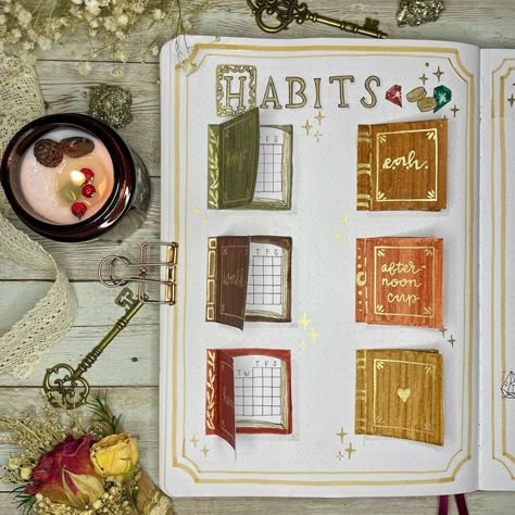 Creative Habit Tracker Ideas, Fairytale Journal, Book Journal Spreads, Reading Journal Spreads, Book Journal Ideas, Creative Journal Ideas, Book Bujo, Reading Journal Ideas, Bullet Journal Calendrier