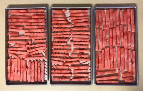 Freeze Drying Watermelon sticks | FamilyCanning.com Freeze Drying Food Recipes, Dehydrated Meat, Tasty Healthy Snacks, Freeze Drier, Food Drying, Dehydrating Recipes, Astronaut Food, Watermelon Sticks, Dried Watermelon