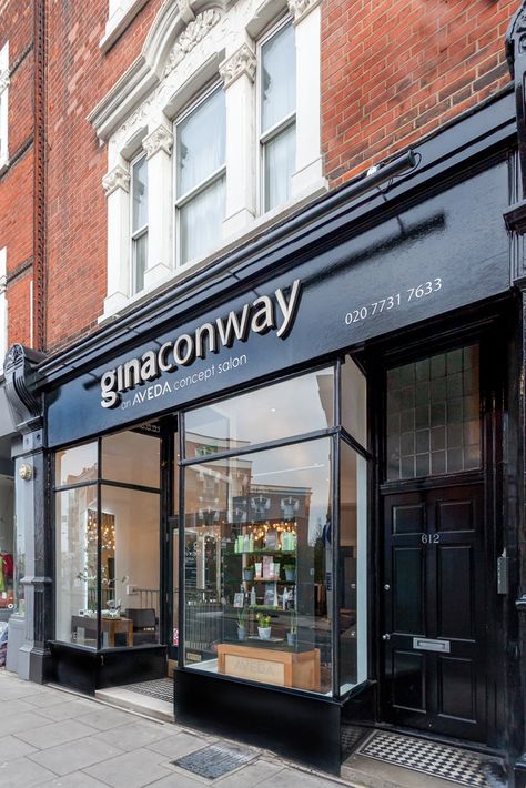 Outside view of the Fulham salon #ginaconway #Aveda #salon #spa #Fulham #London #hair #beauty Beauty Salon Building Exterior, Hair Salon Exterior Store Fronts, Bloxburg Hair Salon, Hair Salon Exterior, Hairstyle 2022, Fulham London, Spa London, Nyc Hair Salon, Kids Hair Salon