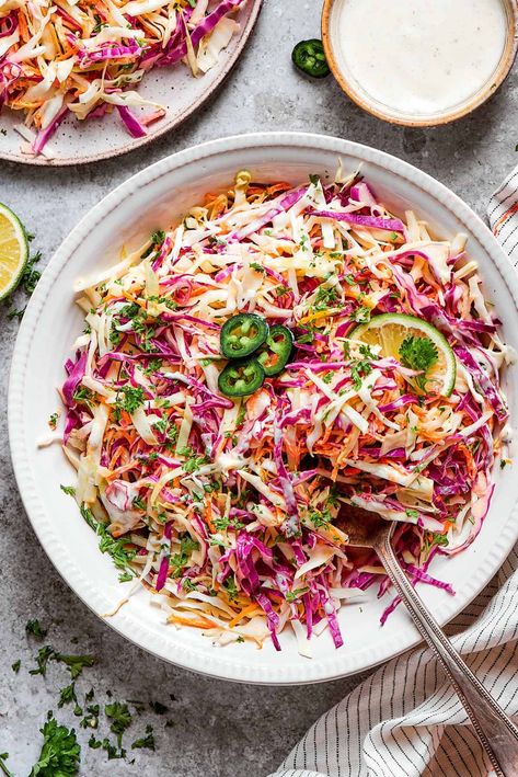 Jalapeño Coleslaw Jalapeño Coleslaw, Jalapeno Slaw, Slaw For Tacos, Jicama Slaw, Coleslaw Recipes, Slaw Recipe, Bbq Side, Bbq Sides, Simple Salad