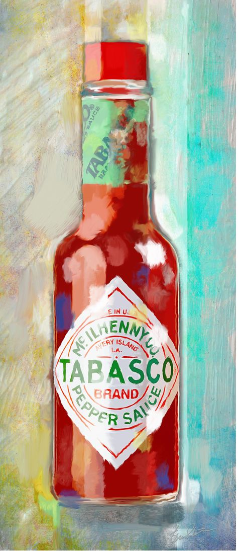 Tabasco by Steven Lester Tabasco Painting, Tabasco Illustration, Hot Sauce Painting, Mexican Food Painting, Beer Can Art, Pop Art Food, Louisiana Art, Food Illustration Art, Wood Pallet Art