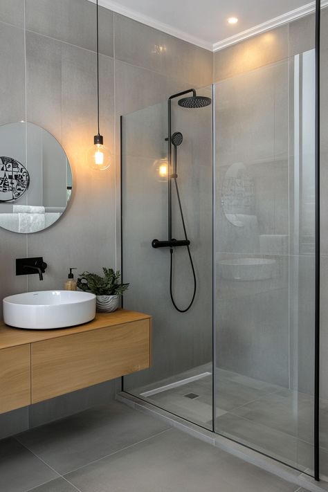 Transform your space with these sleek modern bathroom ideas. Featuring clean lines, a walk-in shower, and elegant lighting, this design maximizes both style and functionality. #ModernBathroomIdeas #HomeDesign #BathroomInspo Unisex Bathroom Ideas, Ensuite Shower Room Ideas, Walk In Shower Small Bathroom, Modern Apartment Bathroom, Bathroom Tub Shower Combo, Best Bathroom Paint Colors, Bathroom Lighting Ideas, Toilet And Bathroom Design, Modern Bathroom Ideas