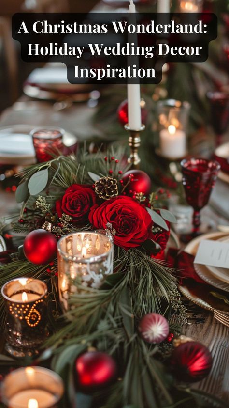 Christmas decor at a wedding Christmas Wedding Decor, Head Table Wedding Decorations, Holiday Wedding Decor, Christmas Wedding Themes, Christmas Wedding Inspiration, Jasmine Wedding, Xmas Theme, Christmas Dining Table, Gold Wedding Theme