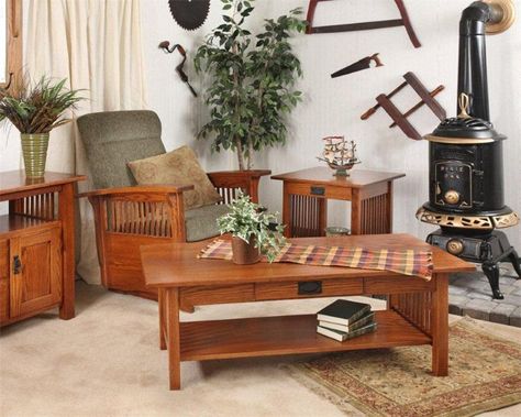 Amish Furniture Living Room, Mission Style Living Room Furniture, Mission Style Living Room, Red Oak Wood, House Paint Interior, End Tables With Drawers, Wood Furniture Design, Coffee Table With Drawers, Hardwood Furniture