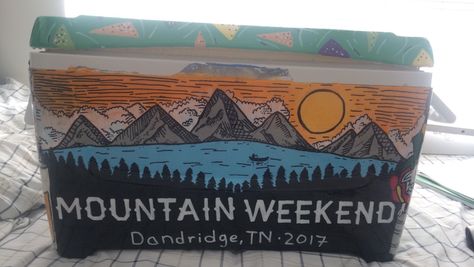 Mountain weekend cooler #cooler #fratcooler #fraternity #mountainweekend #tke #taukappaepsilon #retro Painting Coolers For Guys Fraternity, Mountain Weekend Cooler Fraternity, Frat Mountain Weekend Cooler, Frat Cooler Mountain Weekend, Cooler Decorating Ideas, Fiji Cooler, Ato Cooler, Mountain Weekend Cooler, Nola Cooler