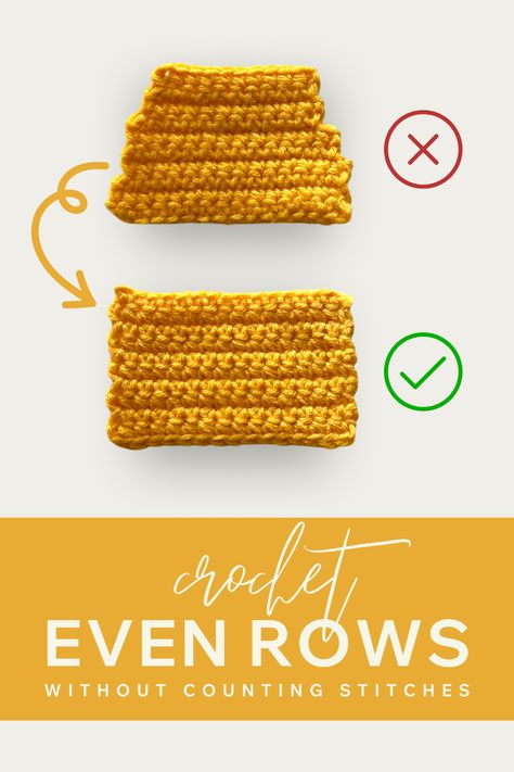 When first learning how to crochet in rows, it can be hard to keep your work in even rows. You may notice that your rectangle starts to not look like a rectangle anymore a few rows in. The most common mistake when first learning to crochet in rows is when you miss a stitch in each row and the rows begin to get shorter and shorter. Learn how to crochet in even rows without having to count your stitches. How To Crochet A Rectangle For Beginners, How To Keep Crochet Rows Even, Single Row Crochet Stitches, How To Count Crochet Stitches, Counting Crochet Stitches, How To Crochet Rows, How To Finish A Crochet Row, First Crochet Project For Beginners Free, How To End A Crochet Row