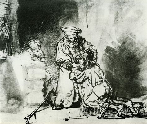 Rembrandt - The Return of the Prodigal Son Return Of The Prodigal Son, The Prodigal Son, Son Tattoo, Rembrandt Van Rijn, Tattoo For Son, Prodigal Son, Bible Illustrations, Ink Brush, Rembrandt