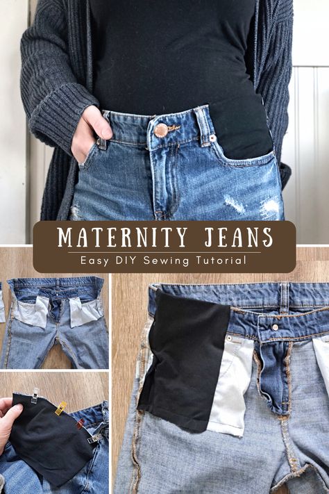 The perfect jeans for maternity and postpartum! These have functioning pockets, fly, belt loops, and you can tuck your shirt in. Fun and quick beginner project that will help you to build your budget friendly, cute maternity wardrobe. Maternity Pants Hack, Maternity Clothes Ideas, Diy Maternity Jeans, Pregnancy Jeans Hack, Diy Maternity Shirt, Maternity Pants Pattern, Diy Maternity Clothes, How To Make Jeans, Pants Pattern Free