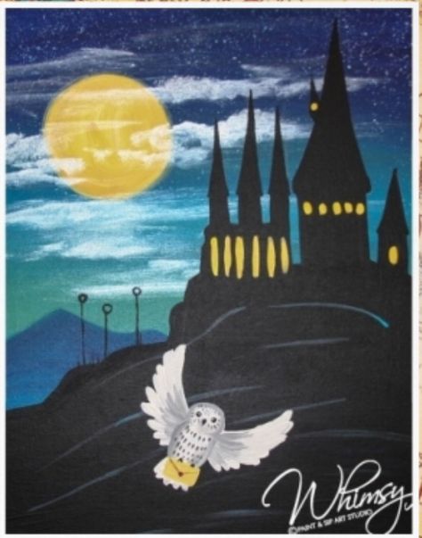 Harry Potter Painting Ideas Easy, Painting With A Twist Ideas, Hogwarts Art Castle, Movie Paintings, Harry Potter Art Projects, Summer Camp Art, Harry Potter Painting, Kids Canvas Art, Harry Potter Kids