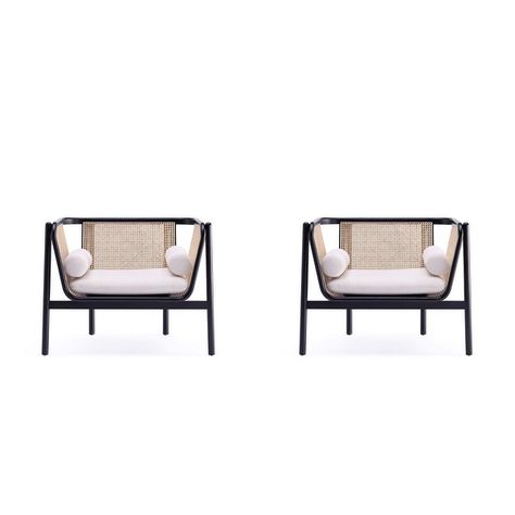 Manhattan Comfort Versailles Accent Chair in Black, Natural Cane and Cream - Bed Bath & Beyond - 36916386 Accent Chair Set, Value City Furniture, Manhattan Comfort, Leather Lounge Chair, Accent Arm Chairs, Surround Yourself, Cool Chairs, Wood Accents, Ash Wood