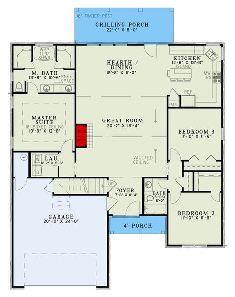 Main level floor plan of a 3-bedroom craftsman style single-story home with great room, dining area, kitchen, three bedrooms, laundry, and double garage. Single Story Craftsman, Dining Area Kitchen, Pool Shed, Floor Plan Creator, Porch House Plans, Shingle Siding, Garage Floor Plans, Build Plans, Home Design Software