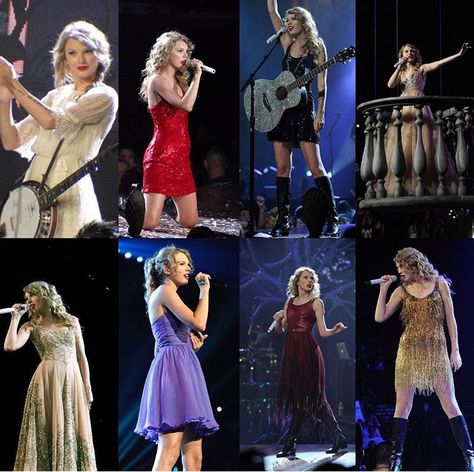 Some of the outfits from the Speak Now Tour! #taylorswift #swiftie #1989 #red #speaknow #fearless #tours #musicvideo Fearless Music Video Outfits, Fearless Music Video, Taylor Swift Music Video Outfits, Taylor Swift Music Videos Outfits, Music Video Outfits, Speak Now Tour, Taylor Swift 1989 Tour, Taylor Swift Costume, The 1989 World Tour