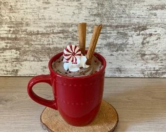 Faux Peppermint Hot Chocolate, Christmas Farmhouse Decor, Fake Hot Cocoa Tiered Tray Decoration, Peppermint Mocha Prop - Etsy Hot Chocolate Tiered Tray, Tier Tray Fall Decor, Faux Hot Chocolate, 2 Tier Tray Decor, Fake Hot Chocolate, Food Fall, Fake Bakes, Faux Food, Peppermint Hot Chocolate