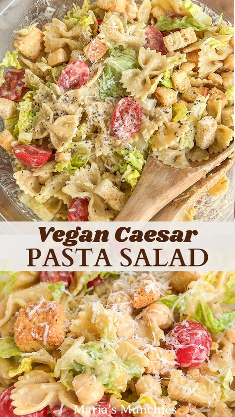 vegan caesar pasta salad Low Effort Meals, Caesar Pasta Salad, Creamy Vegan Pasta, Caesar Pasta, Orzo Salad Recipes, Vegan Caesar, Vegan Party Food, Vegan Party, Vegan Parmesan Cheese