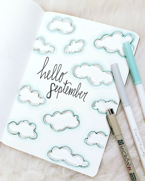 September cloud themed cover page was so much fun to create! Read more about the inspiration behind this design and the tools I used! #bujo #bulletjournal #planner #art #doodle #crayola #sketch #clouds #september Homeschool Station, September Bullet Journal Cover, September Cover Page, Journal Cover Ideas, September Bullet Journal, Bullet Journal September, Diy Kalender, Bullet Journal Month, Kalender Design