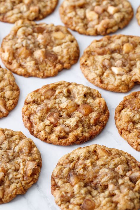 Toffee Apple Oatmeal Cookies | Love and Olive Oil Catering Sweets, Caramel Apple Oatmeal Cookies, Crispy Oatmeal Cookies, Chewy Toffee, Chewy Oatmeal Cookies, Caramel Apple Cookies, Apple Oatmeal Cookies, Cookies Love, Toffee Cookies