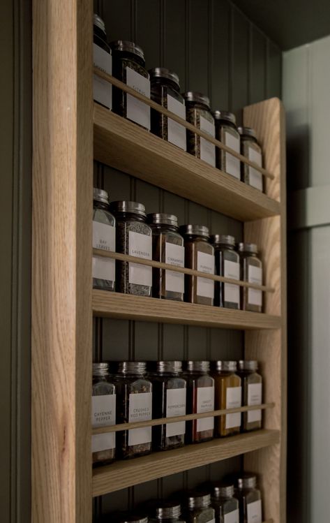 Spice Shelf Kitchen, Pantry Shelf Design, Pantry Spice Organization, Larder Shelving, Moody Pantry, Kitchen Panelling, Installing Beadboard Panels, Pantry Curtain, Maine Kitchen