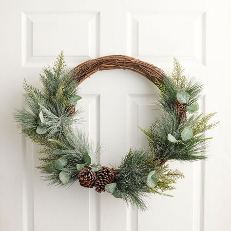 Large Frosted Faux Eucalyptus and Pine Wreath by World Market Eucalyptus And Pine, Green Christmas Decorations, Select Blinds, Faux Eucalyptus, Decor 2023, Christmas Front Porch, Pine Wreath, Falls Church, Coastal Christmas