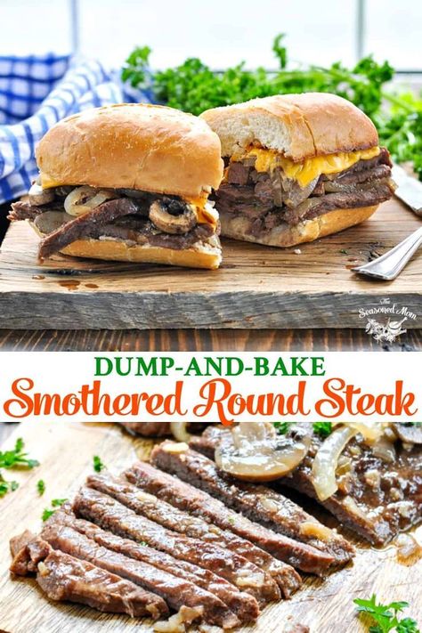 Transform an affordable cut of meat into tender, juicy beef that's topped with mushrooms and onions. This 4-Ingredient Dump-and-Bake Smothered Round Steak is an easy dinner recipe with just 10 minutes of prep! Round Top Steak Recipes Crock Pot, Recipes With Beef Round Steak, Recipes Using Round Steak Meat, Round Steak Sandwich Recipes, What To Make With Round Steak, Keto Round Steak Recipe, Tenderized Round Steak Recipes Easy, What To Do With Round Steak, Tenderized Round Steak Recipes Crockpot