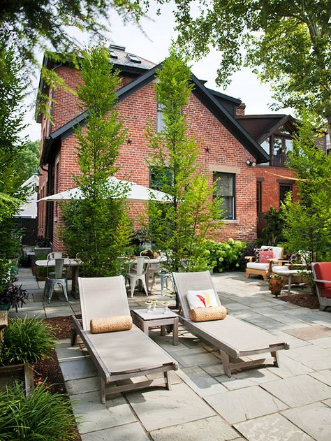 5th and state: Outdoor living space.......part 3 Backyard Entertaining Space, Columnar Trees, Red Brick House, Backyard Entertaining, Casa Exterior, Outside Living, Patio Landscaping, Beautiful Backyards, Patio Stones