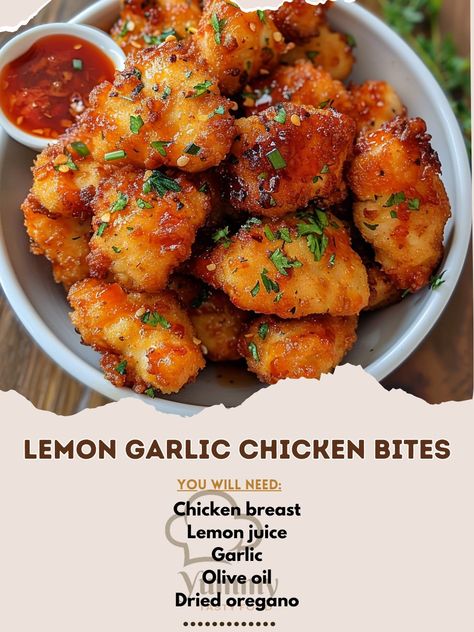 🍋🍗 Zesty Lemon Garlic Chicken Bites! Quick to make, delicious to eat. Perfect for a tasty snack or meal. #LemonGarlicChicken #FlavorBlast Lemon Garlic Chicken Bites Recipe These bite-sized chicken pieces are marinated in lemon and garlic for a tangy and aromatic flavor that's irresistibly delicious. Ingredients: Chicken breast, cubed: 500g Lemon juice: 30ml Garlic, minced: 10g Olive oil: 30ml Dried oregano: 5g Salt: 5g Pepper: 2g Directions: Marinate Chicken: In a bowl, combine lemon jui... Lemon Garlic Chicken Bites Recipes, Garlic Chicken Bites, Chicken Bites Recipe, Chicken Cubes, Chicken Bites Recipes, Marinate Chicken, Lemon Garlic Chicken, Protein Packed Snacks, Chicken Pieces