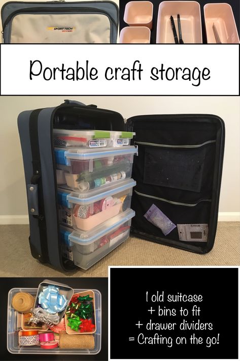 Several different bins fit in the DIY, rolling craft trolley. I chose boxes in my price range that allowed space for the suitcase handle in the back and a bit on the sides for easy box removal. I might add a small box on top where the handle juts into the suitcase. Art Supply Travel Storage, Craft Storage Transport, Travel Craft Storage, Diy Suitcase Organizer, Using Suitcases For Storage, Suitcase Storage Ideas, Roll Up Art Case, Cheap Portable Cosmetic Storage For Travel, Portable Practical Case For Storage