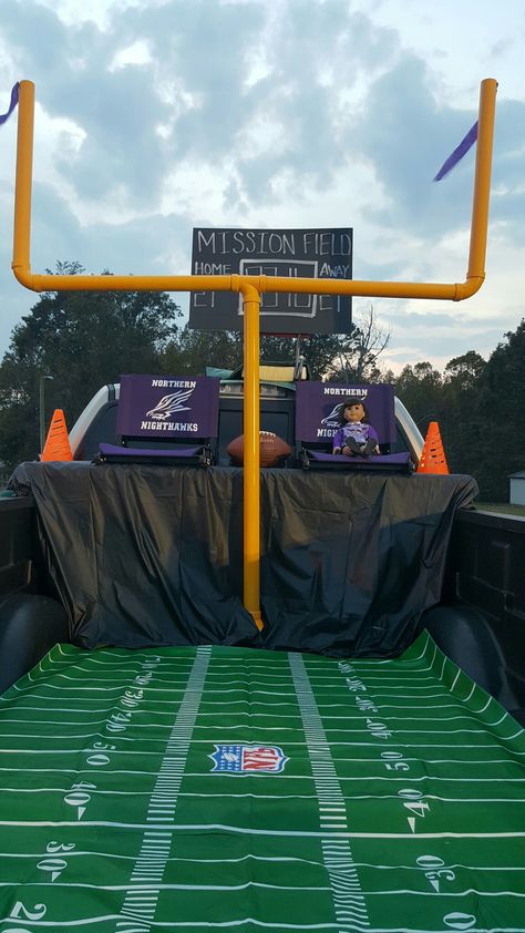 Football theme Trunk Or Treat Made with 2 inch PVC pipe spray painted Yellow. Football field is table cloth from party store. Football Field Trunk Or Treat, Football Trunk Or Treat Ideas For Trucks, Trunk Or Treat Ideas For Cars Football, Sports Theme Trunk Or Treat, Sports Themed Trunk Or Treat Ideas, Trunk Or Treat Sports Theme, Basketball Trunk Or Treat Ideas, Football Theme Trunk Or Treat, Sports Trunk Or Treat Ideas